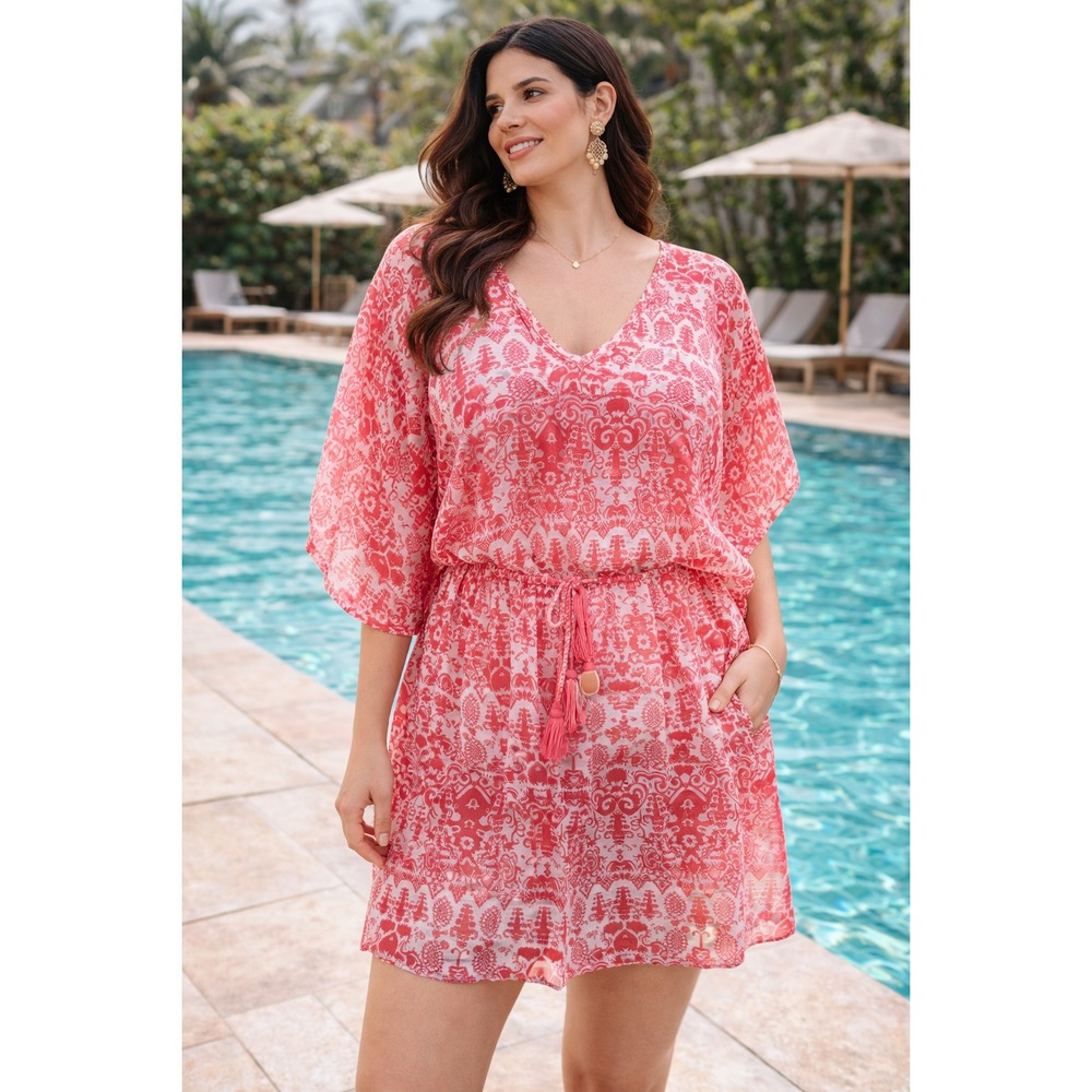 West Loop Pink & White Damask Swim Cover Up | Sheer‎ Blouson Tunic V-Neck OS